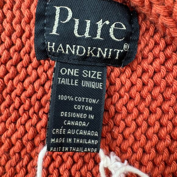 PURE Handknit Rust Orange Cotton Scarf Wrap With Wooden Buttons NEW - Picture 7 of 9
